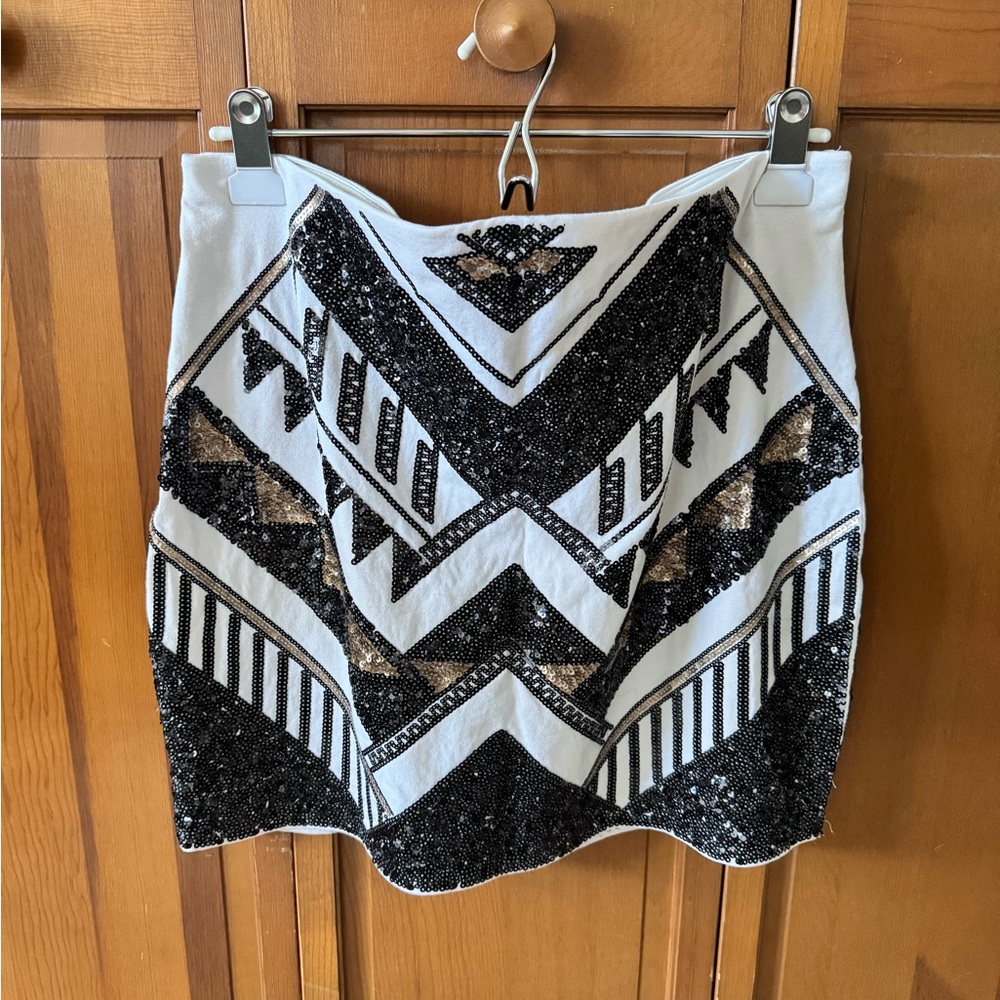 Express Black and White Sequined Geometric Mini Skirt size L